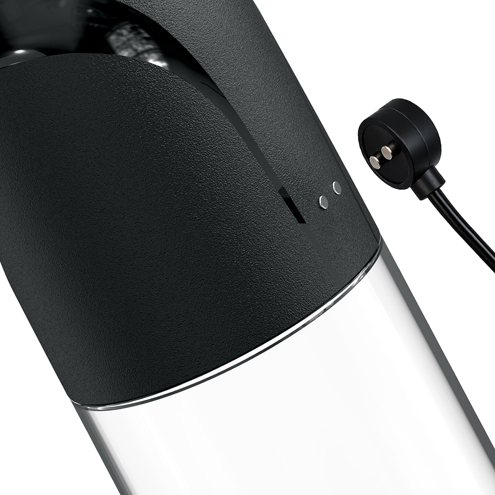 Close-up view of the Pumpworx Maxboost Pro Flow Deluxe Penis Pump Kit Black, featuring automatic pump technology and charging port.