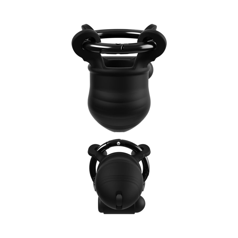 Fantasy C-Ringz ControlCore Trainer Vibrating Cock Blocker displayed from top and side views.