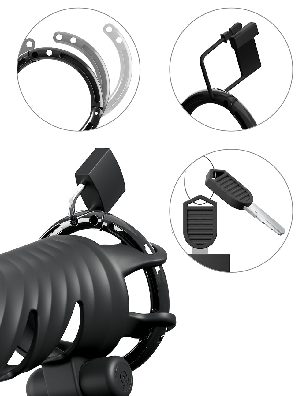 Fantasy C-ringz ControlCore Remote Vibrating Cock Blocker detailed images showing design and locking mechanisms.