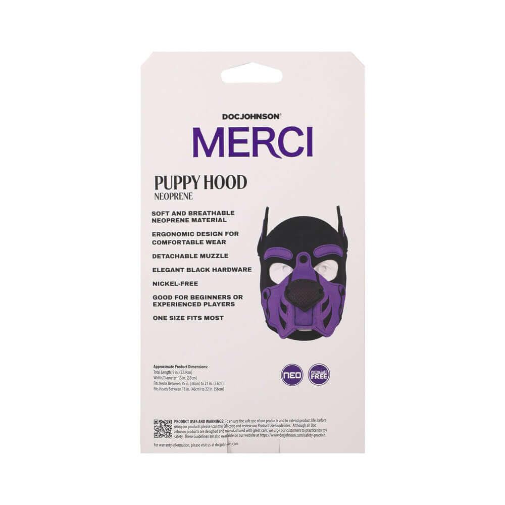 Merci Puppy Hood Neoprene Violet Black packaging showcasing its features, ideal for BDSM and pup play.