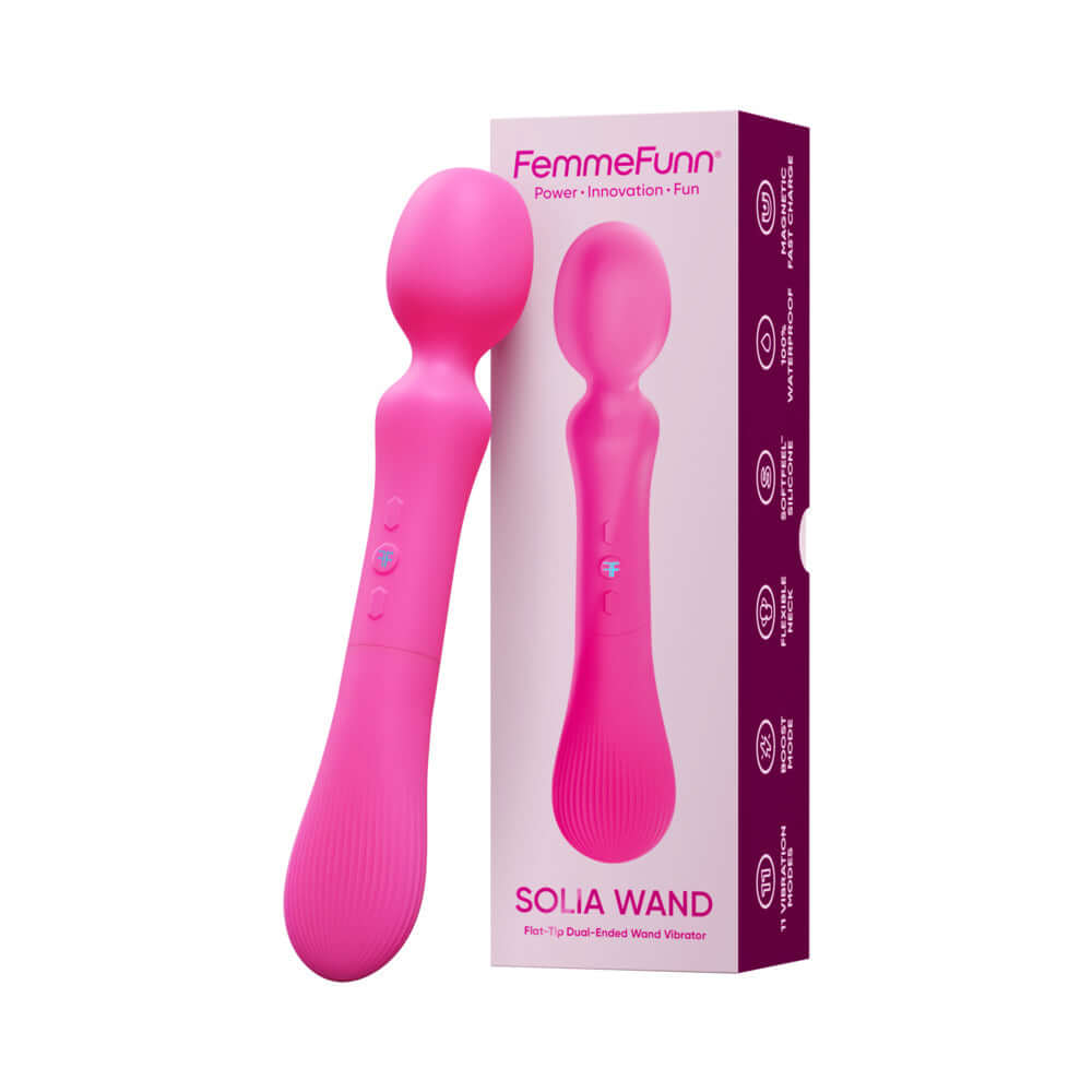 Femmefunn Solia Wand Vibrator Pink displayed next to its packaging, perfect for relaxation and pleasure.