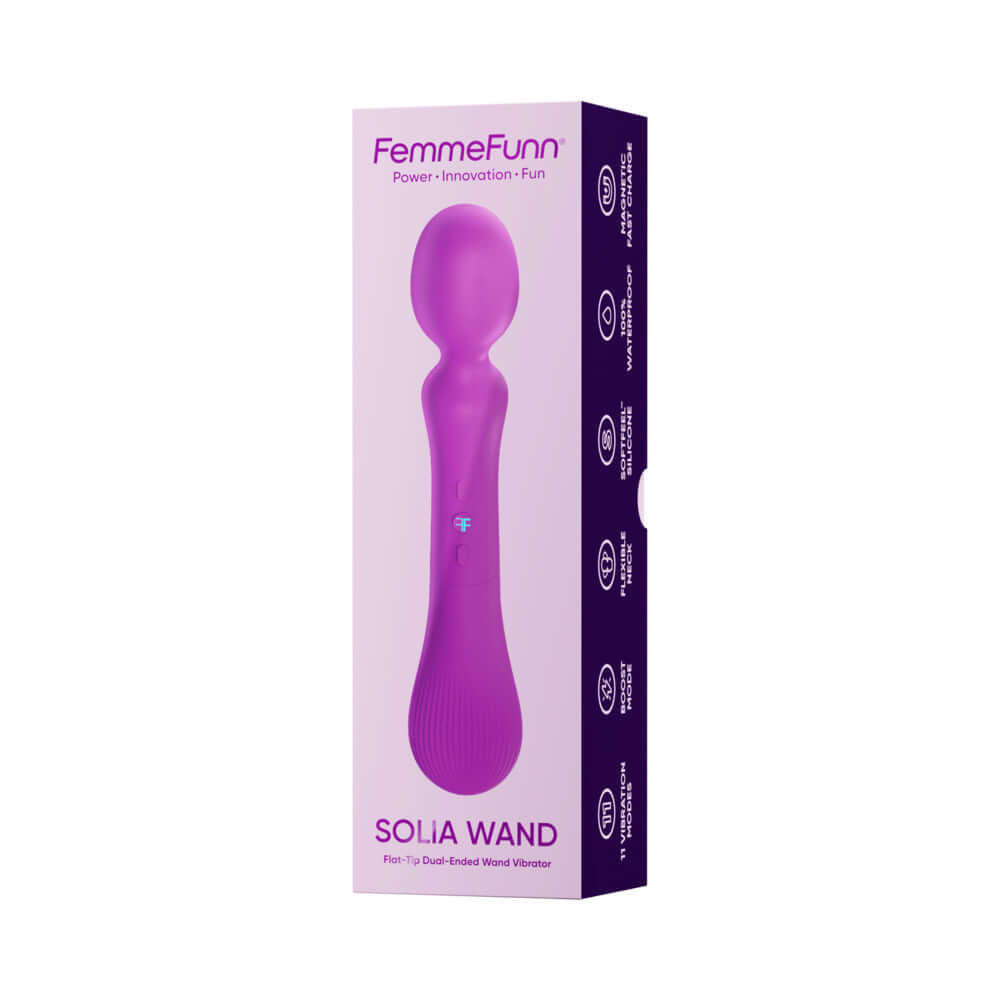 Femmefunn Solia Wand Vibrator Purple in elegant packaging, showcasing its flat-tip design and dual-ended capabilities.