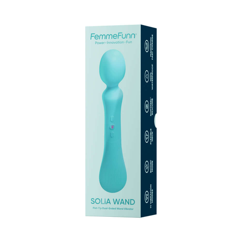 Femmefunn Solia Wand Vibrator Turquoise packaging showcasing sleek design and features.