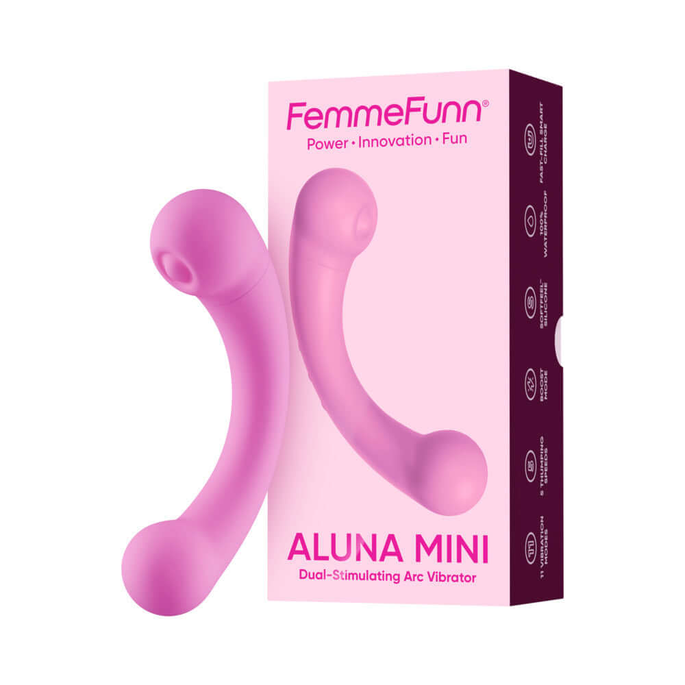 Femmefunn Aluna Mini Pink Bullet Vibrator and packaging, featuring a dual-stimulating design for enhanced pleasure.