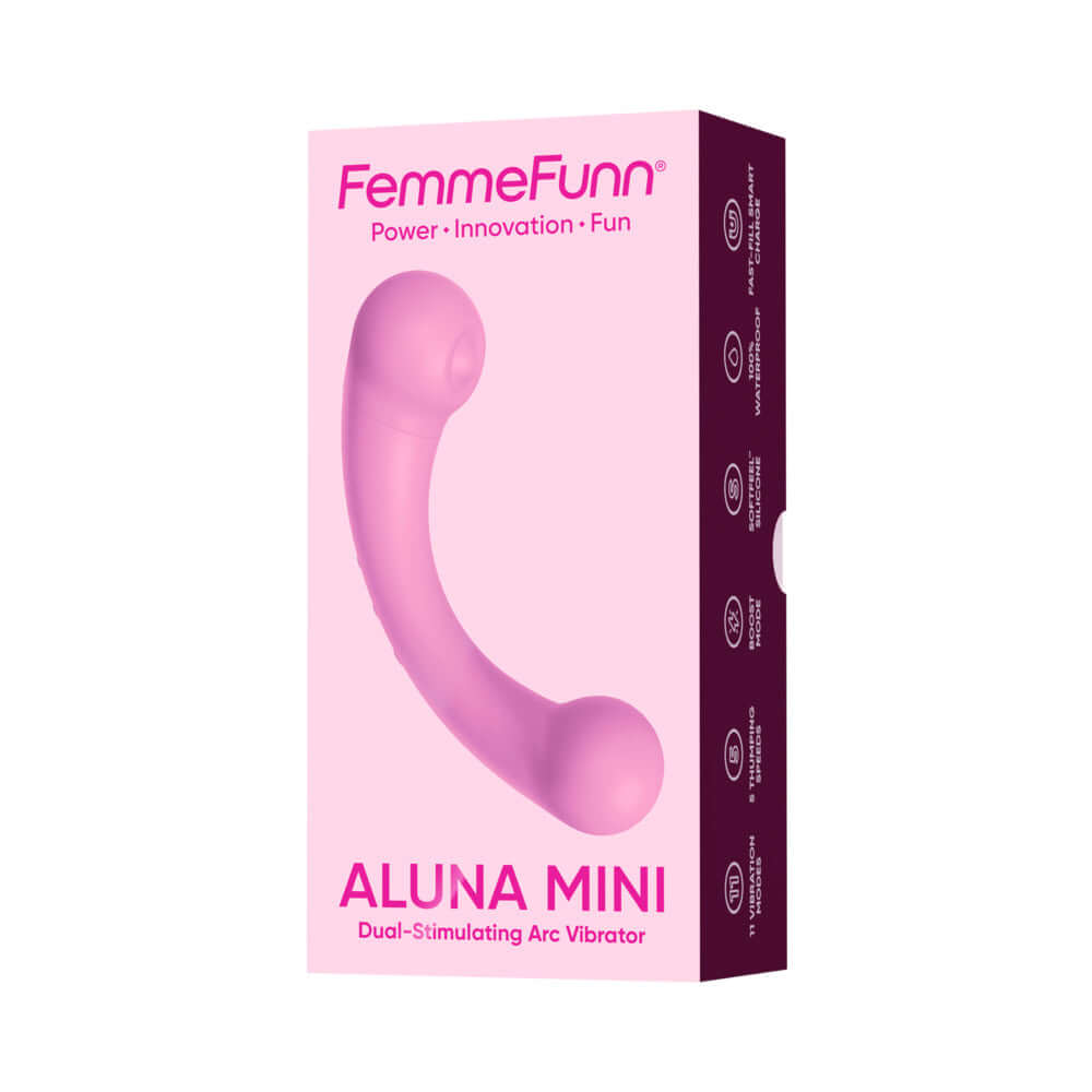 Femmefunn Aluna Mini Pink Bullet Vibrator packaging featuring curved design and dual-stimulating functionality.