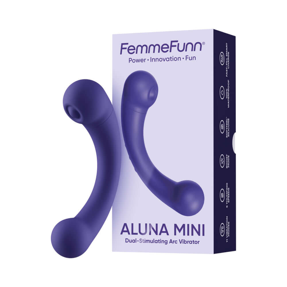 Femmefunn Aluna Mini Vibrator Dark Purple in packaging with ergonomic design for focused stimulation.