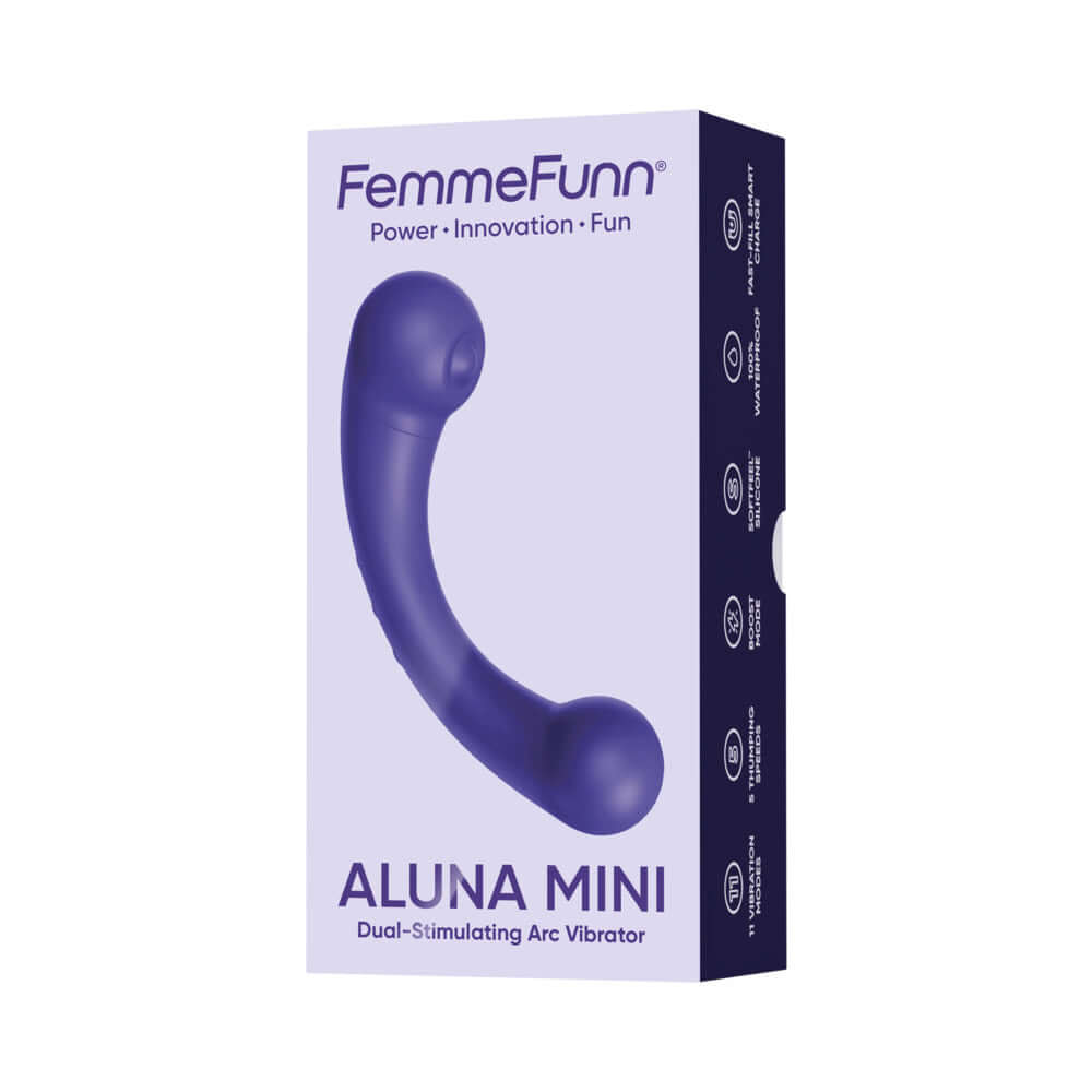 Femmefunn Aluna Mini Vibrator Dark Purple packaging highlighting dual-stimulating features and sleek design.