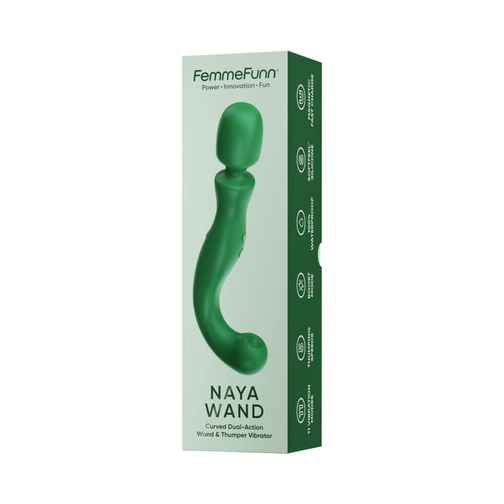 Femmefunn Naya Wand Vibrator Dark Green packaging featuring a sleek design and dual-action functionality.