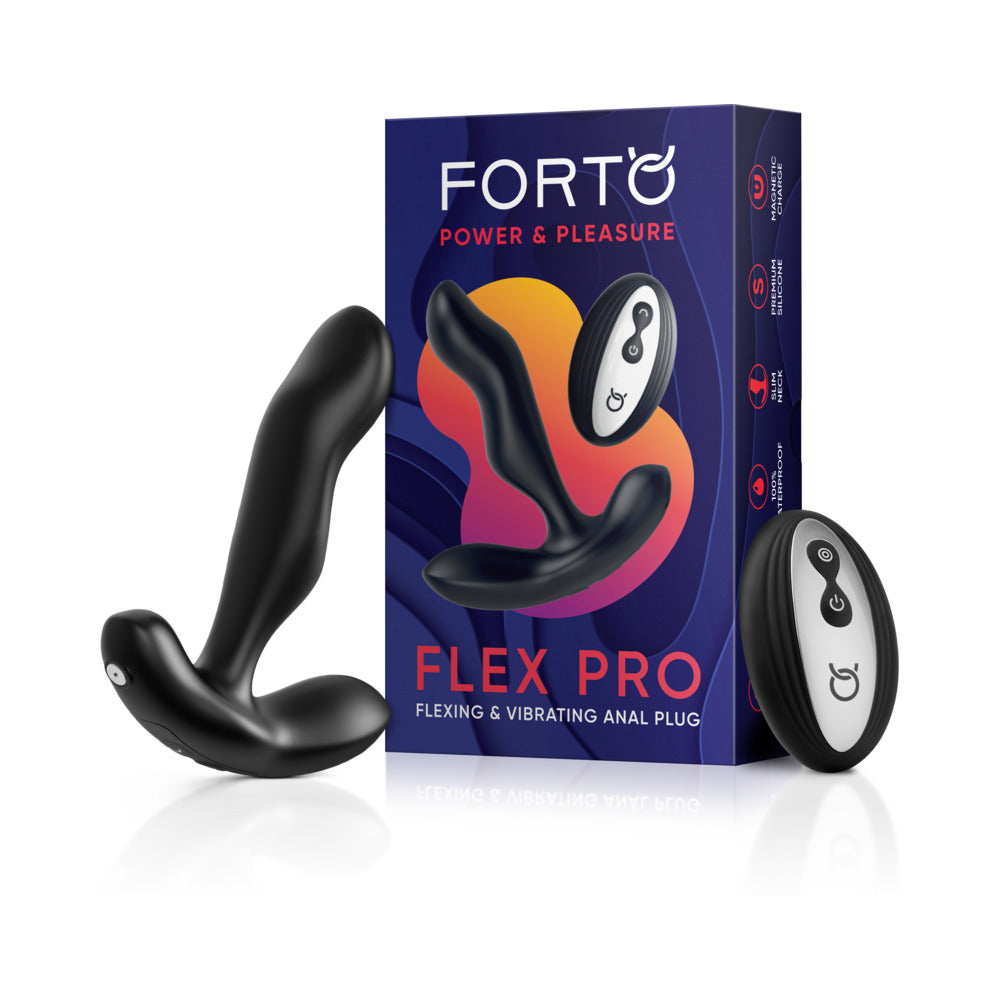 Forto Flex Pro Anal Toy in Black with packaging showcasing its sleek design and functionality.
