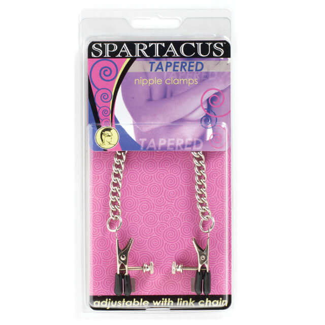 Spartacus Adjustable Tapered Nipple Clamps With Curbed Chain in packaging for nipple play and pleasure.