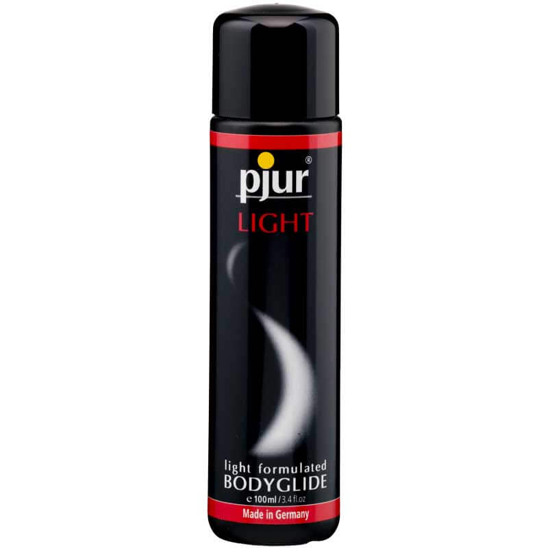 Pjur Light Concentrated Silicone Personal Lubricant 3.4 Oz in sleek black bottle with red accents.