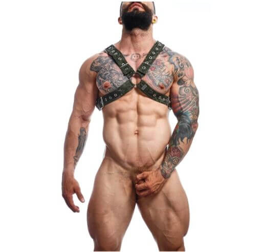 Male Basics DNGEON Classic Cross Harness Camo OS worn by a muscular man showcasing its bold design and fit.