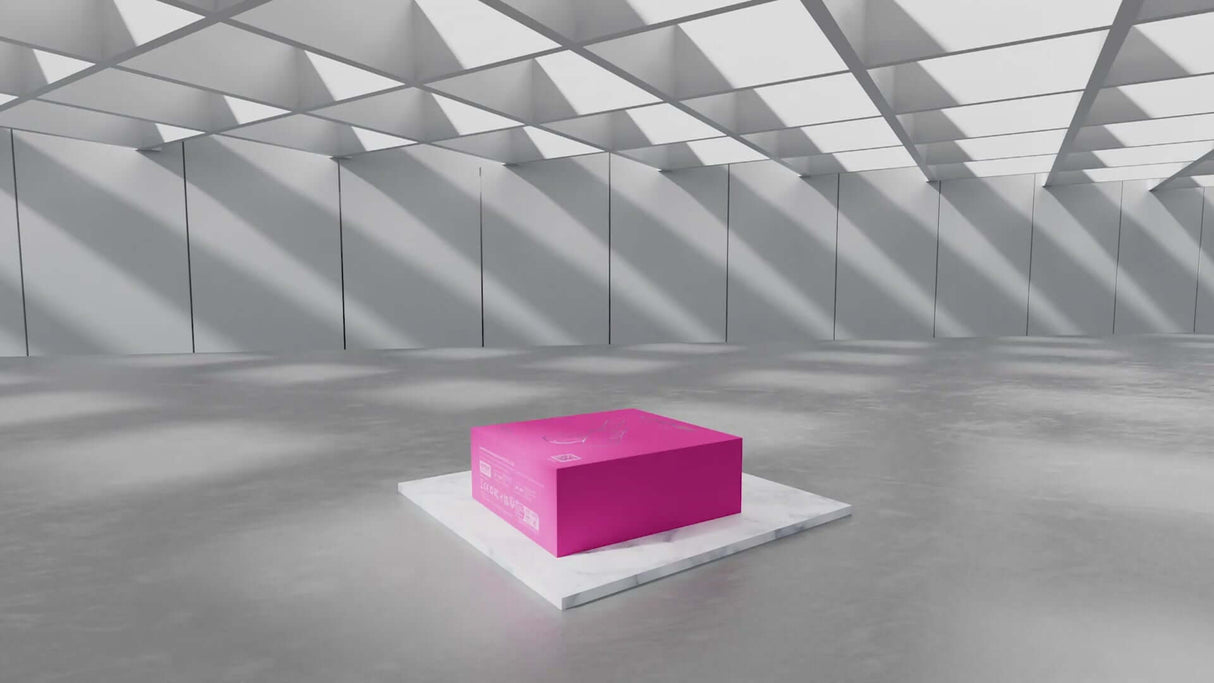 Lovense Spinel Thrusting Vibrating Dildo in pink packaging displayed in a modern, well-lit environment.