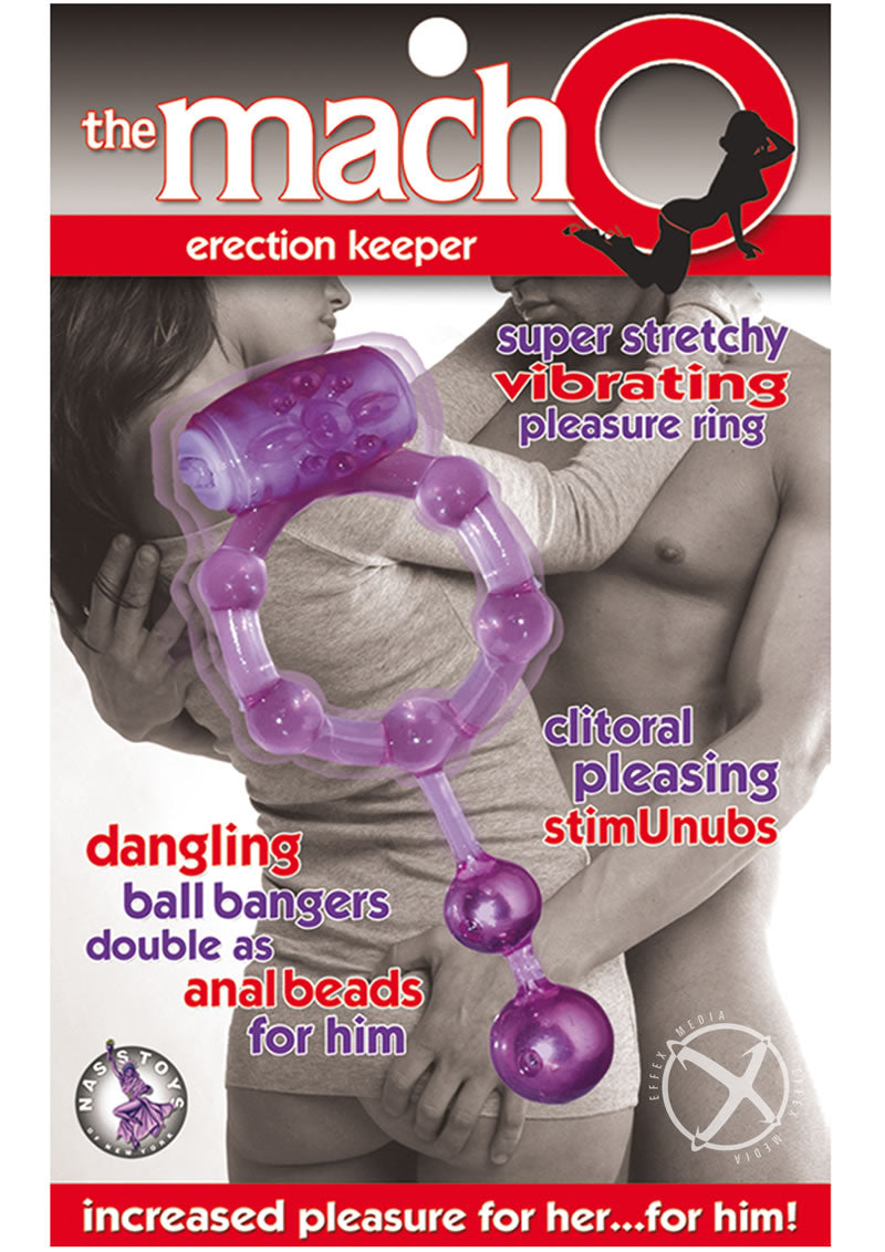 The MachO Erection Keeper Vibrating Cock Ring Purple packaging showcasing a multitasking couples toy for enhanced pleasure.