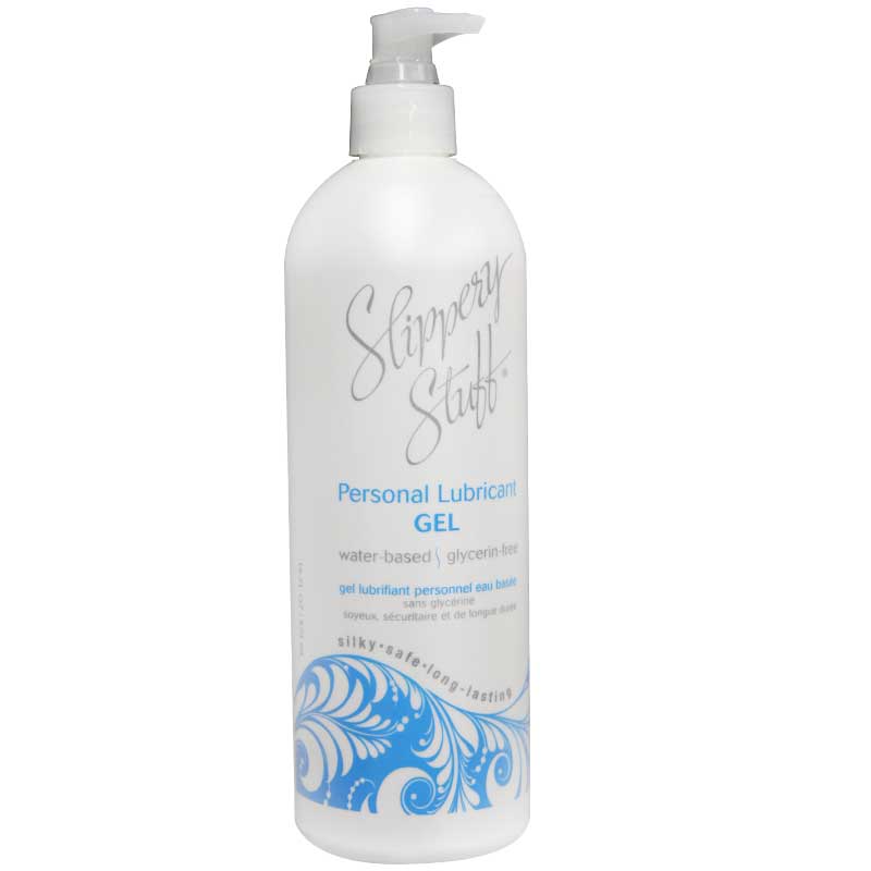 Slippery Stuff Gel Water Based Lubricant 16 Oz bottle with a pump dispenser, offering smooth and long-lasting glide.