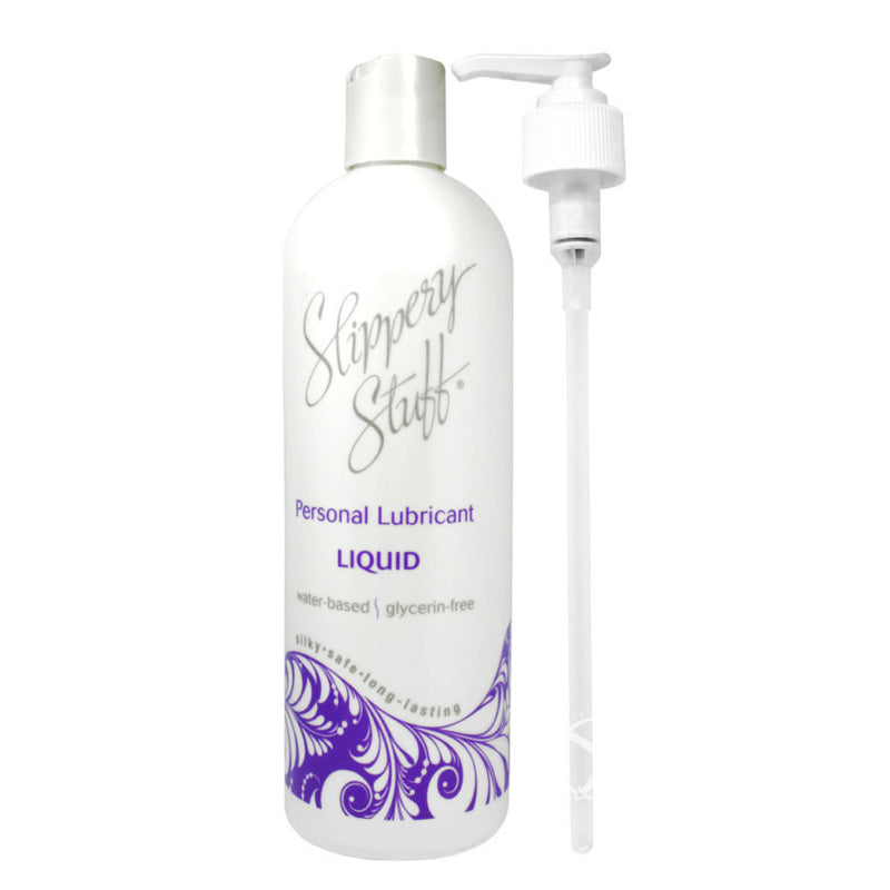Slippery Stuff Liquid Water-Based Lubricant 16 Oz bottle with pump, promoting a cleaner and smoother glide.