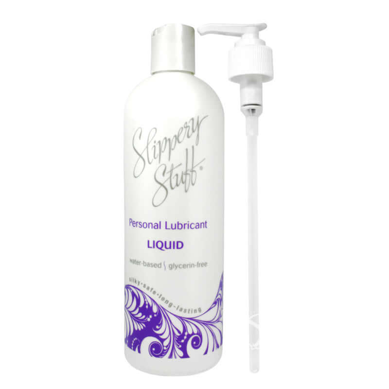 Slippery Stuff Liquid Water-Based Lubricant 16 Oz bottle with pump, promoting a cleaner and smoother glide.