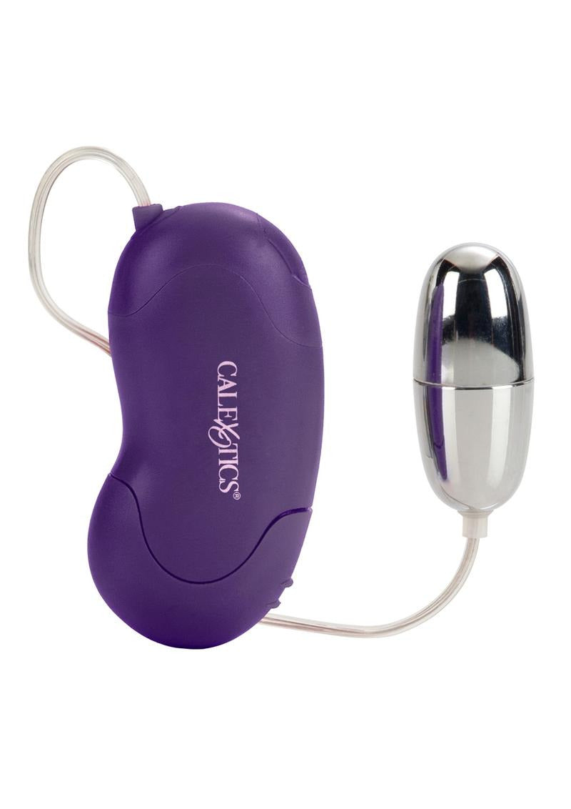 Bliss Bullet with Wired Remote Control Purple showing a silver bullet and waterproof power pack.