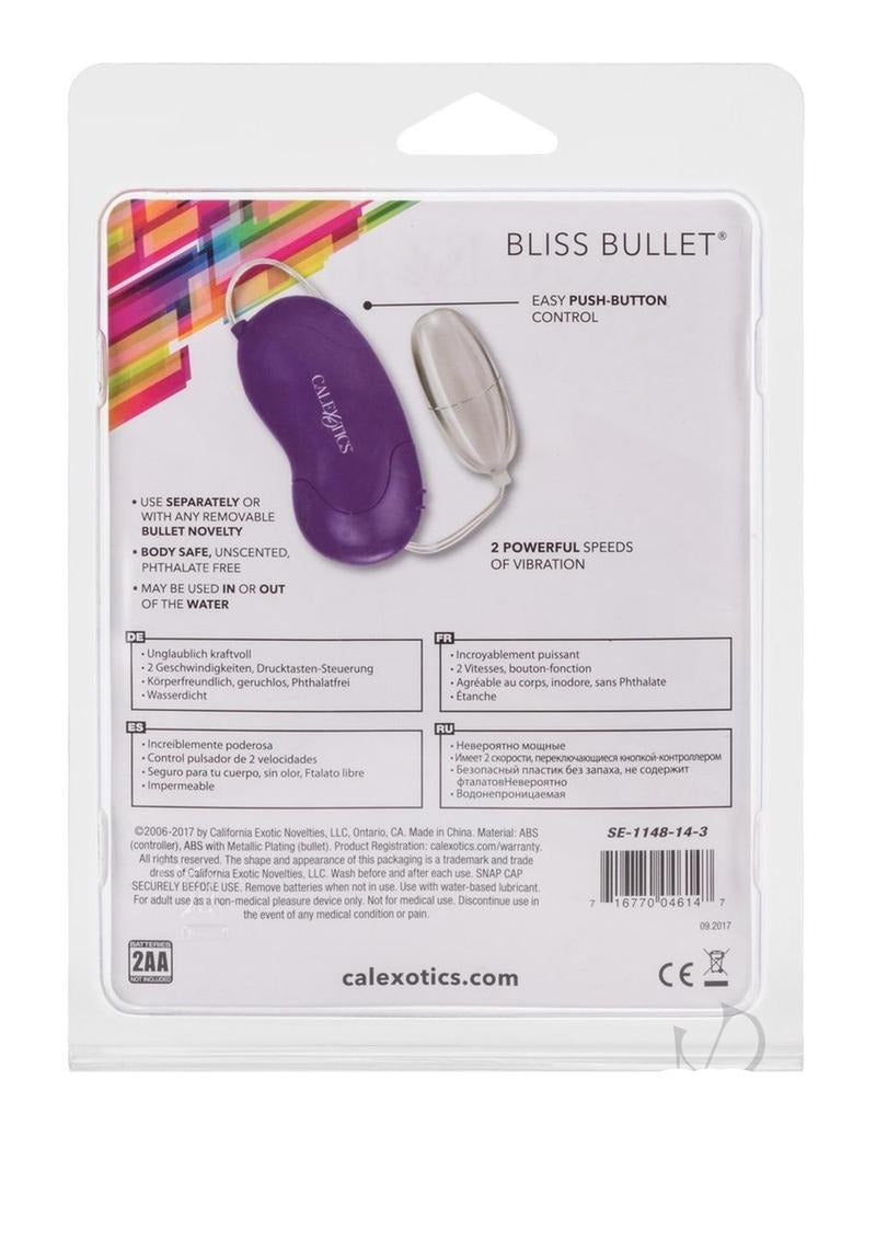 Bliss Bullet with Wired Remote Control Purple packaging back view with product details and feature highlights.