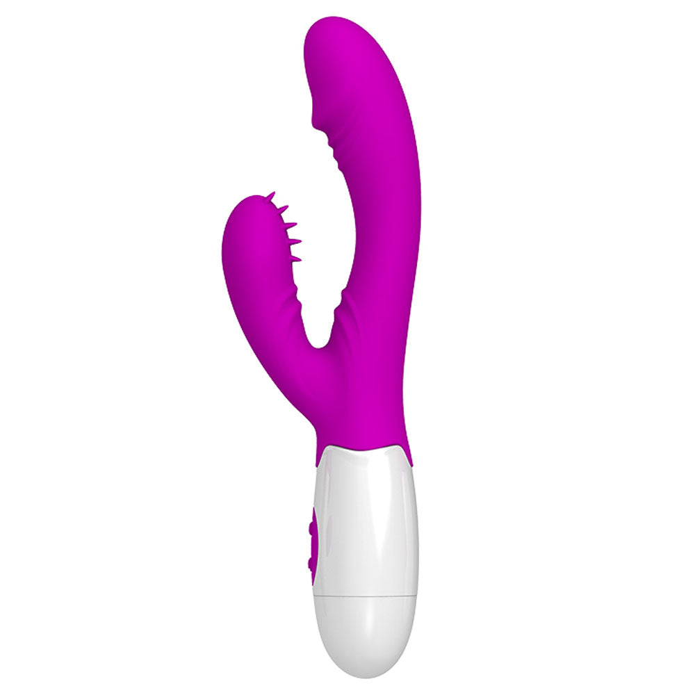Pretty Love Andre 7 Function Rabbit Vibrator Purple showcasing dual stimulators with a curved shaft and clitoral petals.