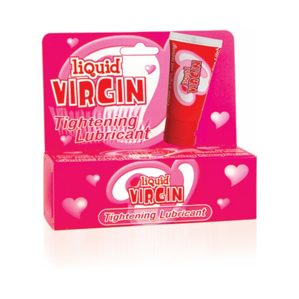 Liquid Virgin Tightening Lubricant 1 Oz packaging with hearts and a tube design.