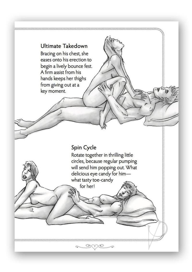 Illustration from the Ride Em Cowgirl Sex Position Secrets Book showing Ultimate Takedown and Spin Cycle positions.