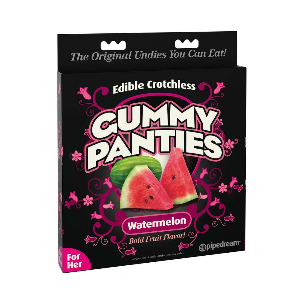 Pipedream Edible Crotchless Gummy Panties Watermelon Flavor packaging showcasing bold fruit flavor and eye-catching design.