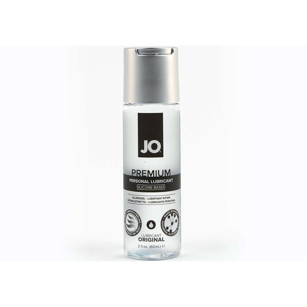 JO Premium Original Silicone-Based Lubricant 2 Oz in a clear bottle with a silver cap for intimate pleasure.