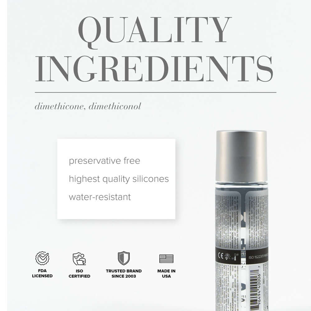 JO Premium Original Silicone-Based Lubricant 2 Oz quality ingredients including dimethicone and dimethiconol.