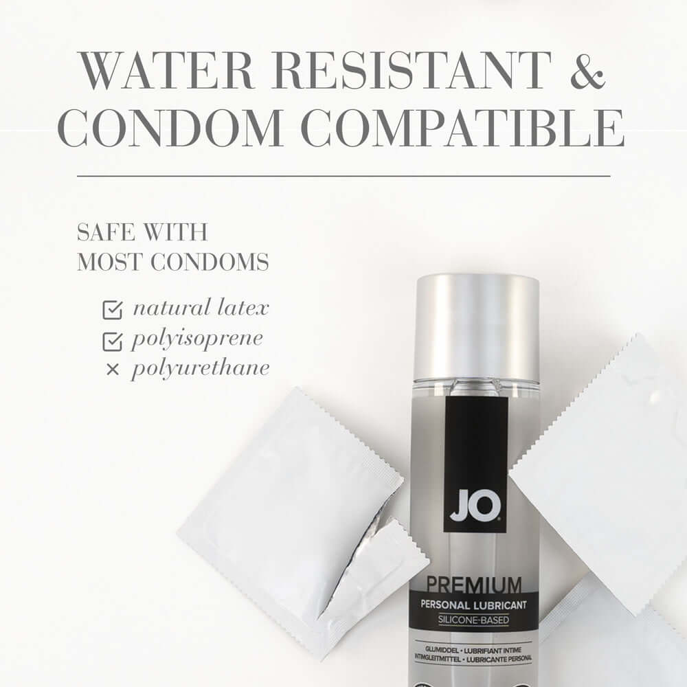 JO Premium Original Silicone-Based Lubricant 2 Oz with packaging showing water resistance and condom compatibility features.