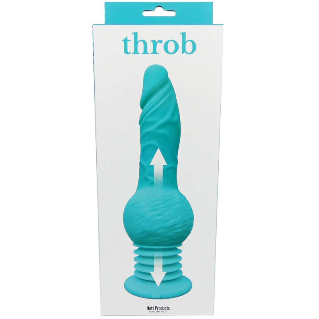 Throb Thrusting Dildo with Balls Suction Cup Teal packaging showcasing realistic shape and color.