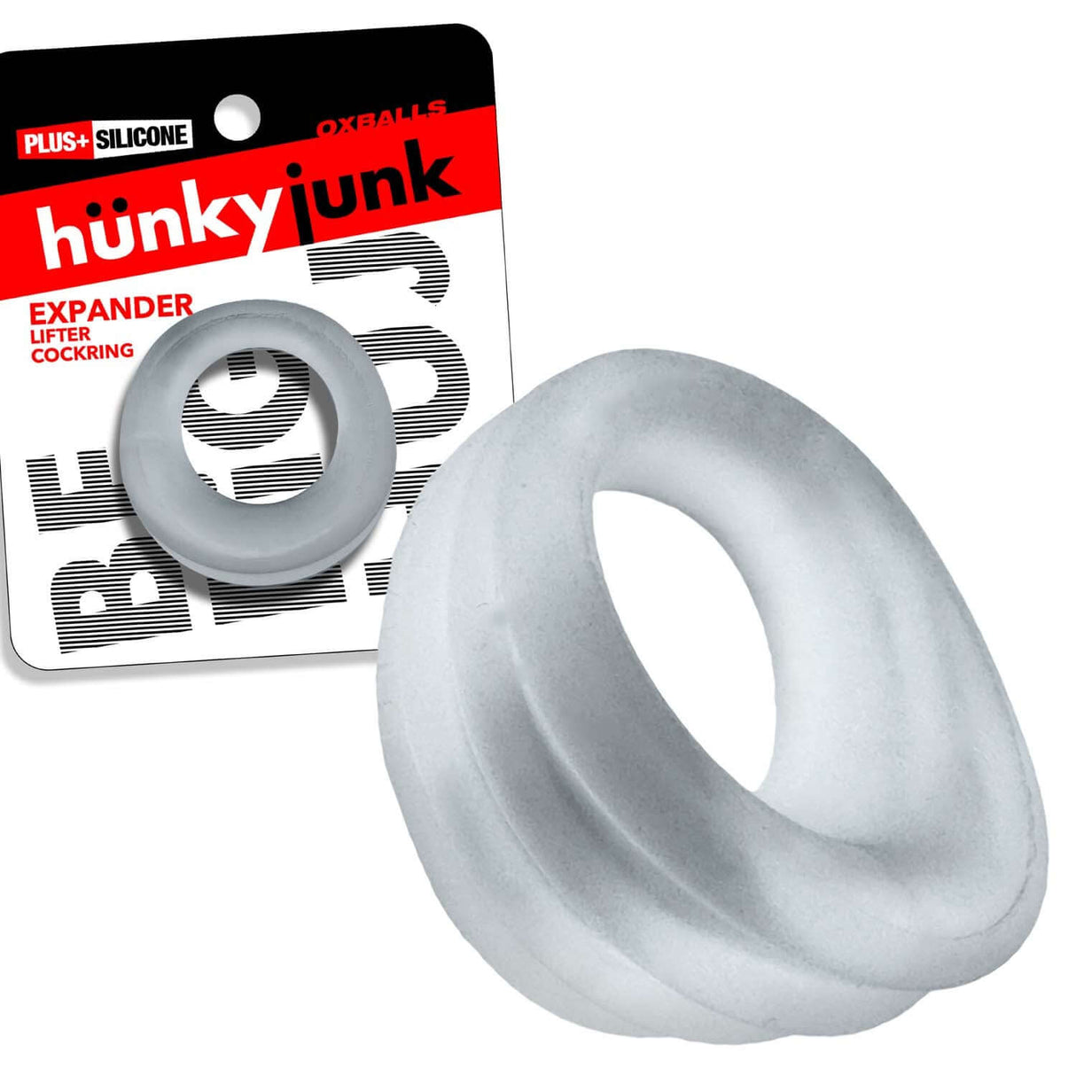 Oxballs Expander Slimmer Scoop Style Cockring Clear Steam on packaging display with smooth texture
