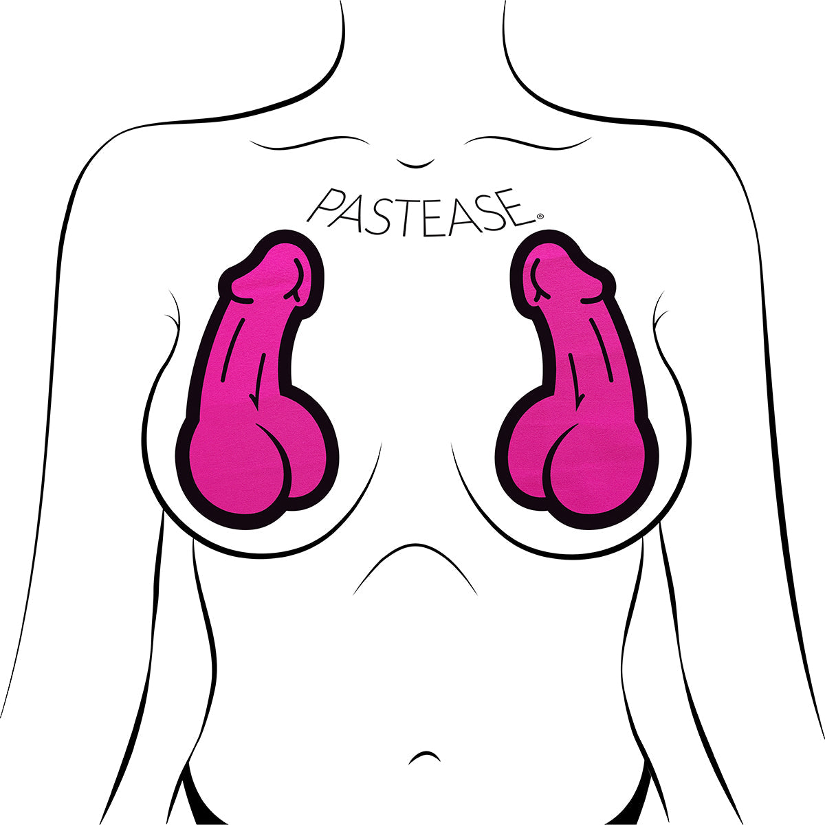 Pastease Penis Pasties Pink displayed on a body outline, showcasing playful design and pink color.