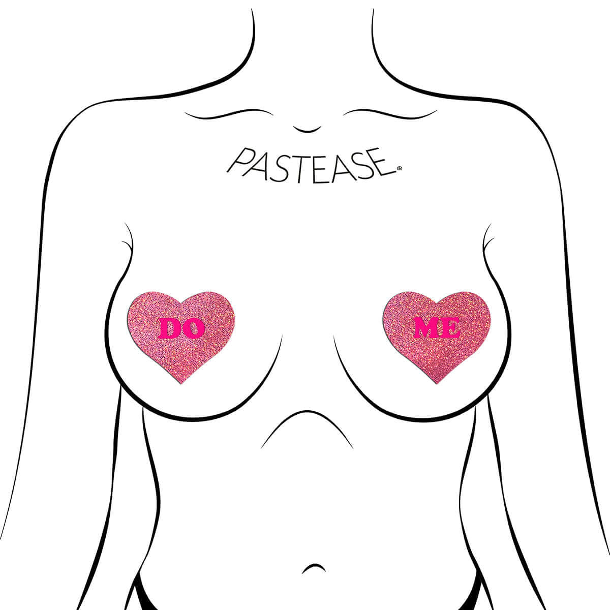 Image of Pastease Glitter Do Me Heart Pasties Pink on a model, featuring glittery heart shapes with 'DO' and 'ME' text.
