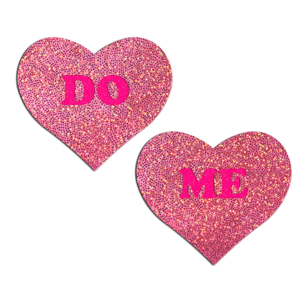 Pastease Glitter Do Me Heart Pasties Pink featuring two glittery heart-shaped pasties with the words 'DO' and 'ME' in bold.