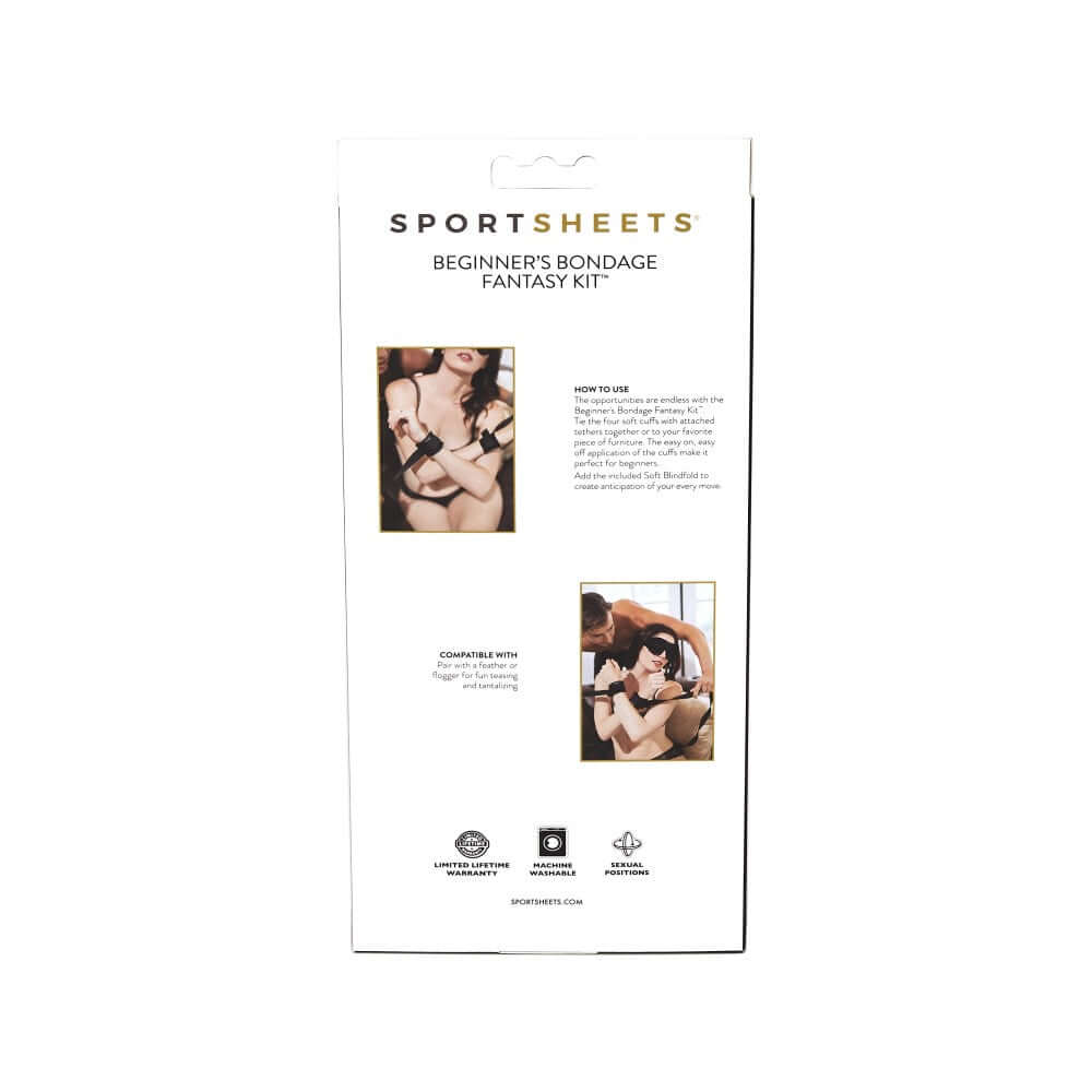 Sportsheets Beginners Bondage Fantasy Kit Black packaging with instructions and images for beginners to explore light bondage.