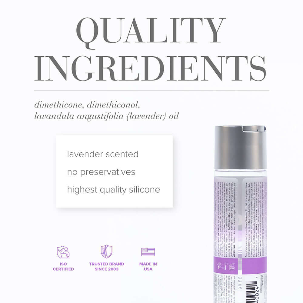 Ingredients for JO All-In-One Sensual Massage Glide Lavender 4 Oz, including lavender oil and silicone.