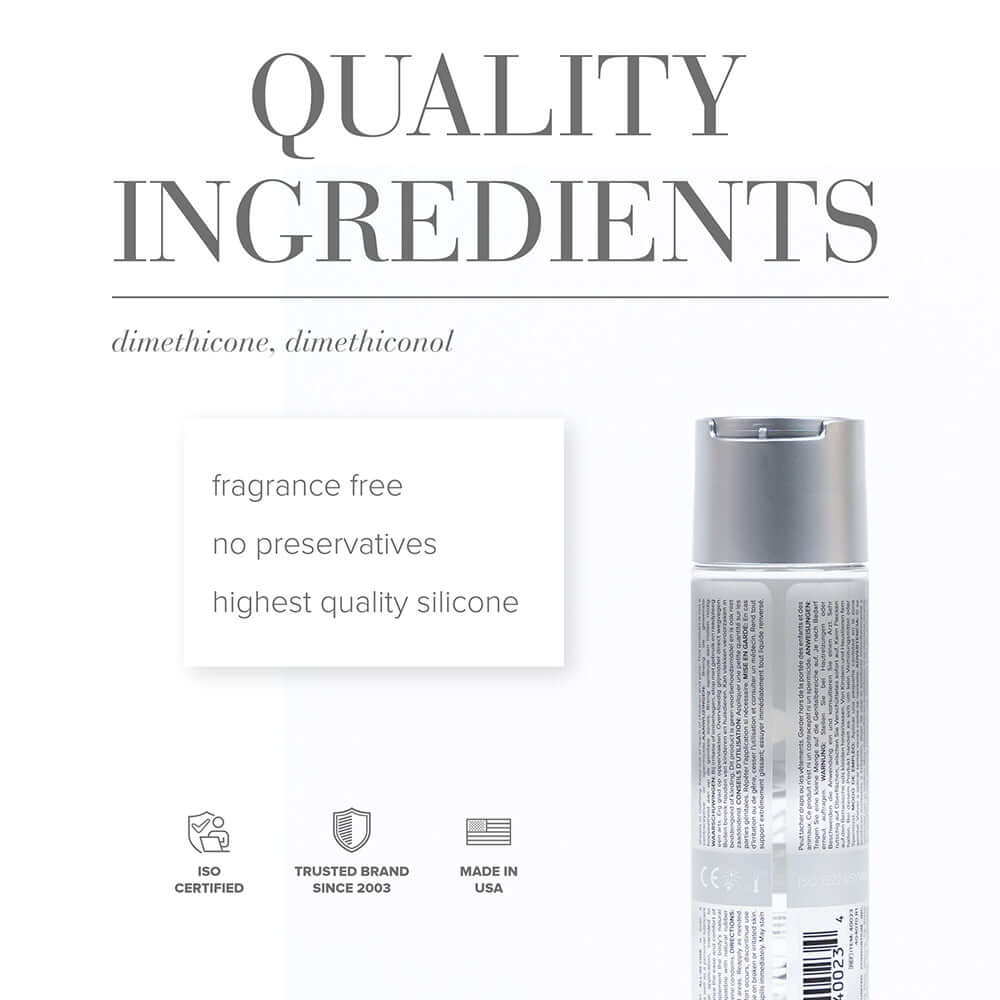 Quality ingredients for JO All-In-One Sensual Massage Glide Fragrance Free 4 Oz, featuring silicone formula and no preservatives.