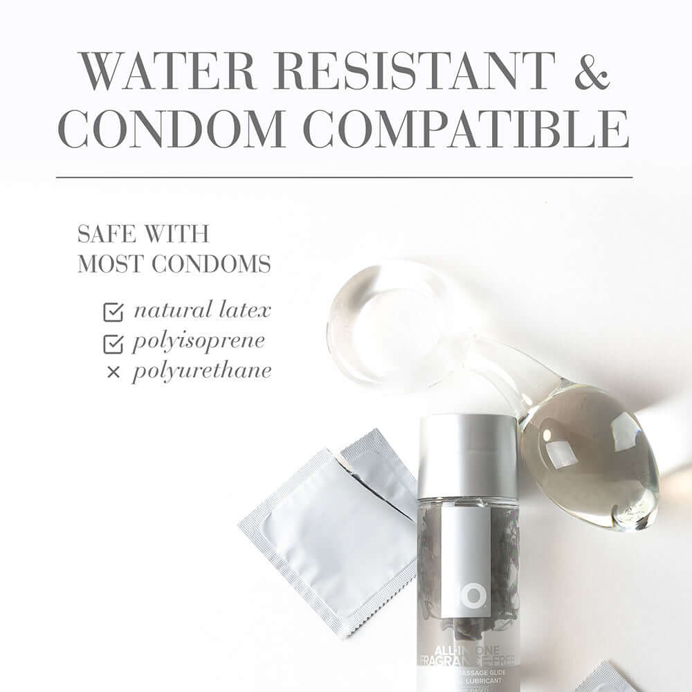 JO All-In-One Sensual Massage Glide Fragrance Free 4 Oz with water-resistant and condom-compatible features