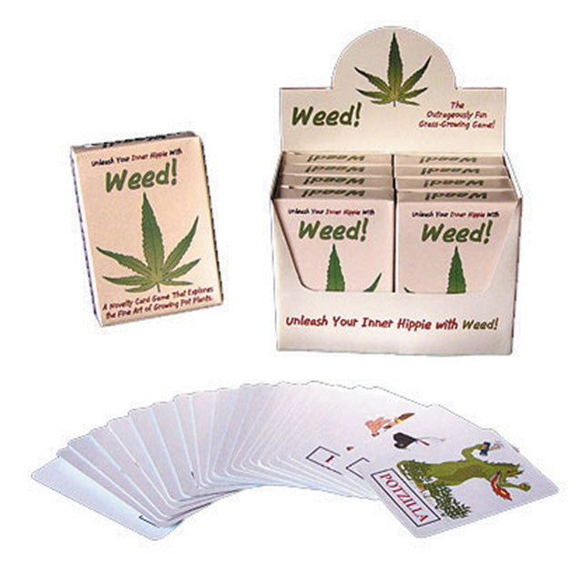 Weed Card Game featuring a display box and playing cards with cannabis-themed graphics.
