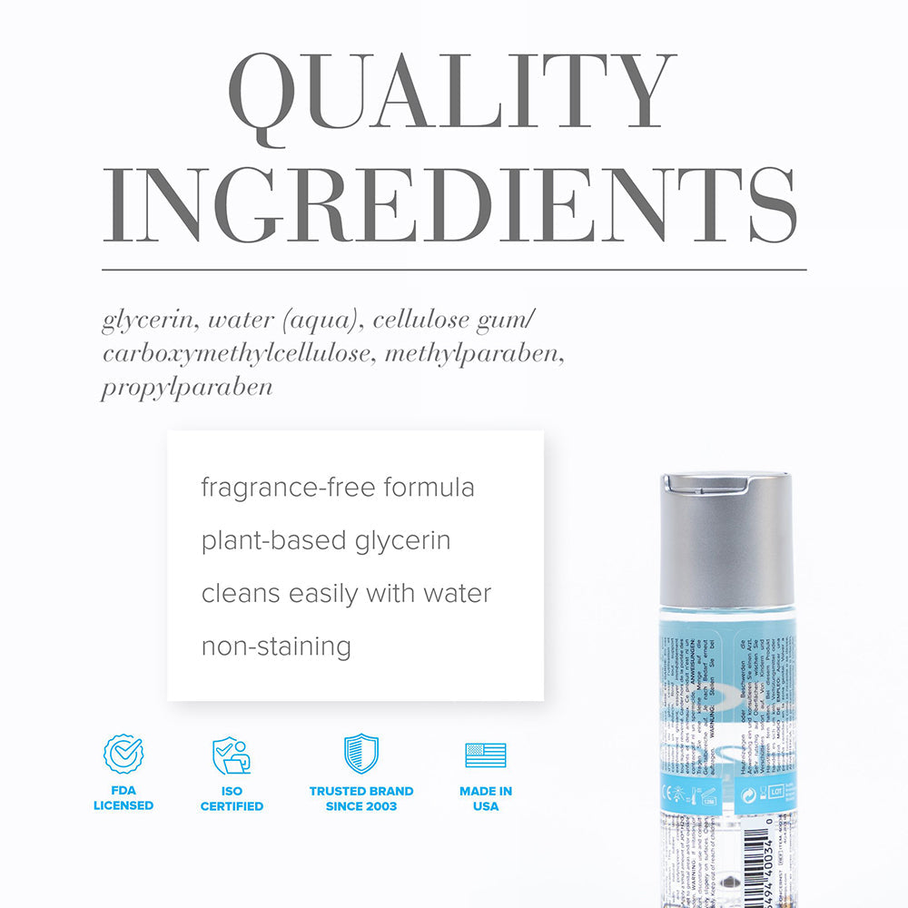 Quality ingredients for JO H2O Original Water Based Lubricant 2 Oz, including glycerin and plant-based components.