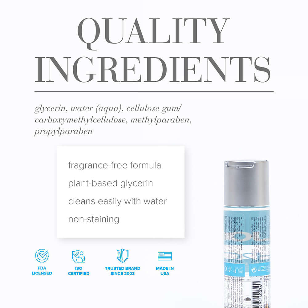 Quality ingredients for JO H2O Original Water Based Lubricant 2 Oz, including glycerin and plant-based components.