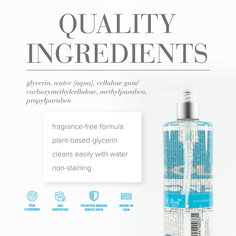 JO H2O Original Water Based Lubricant 16 Oz quality ingredients list including plant-based glycerin and non-staining formula.