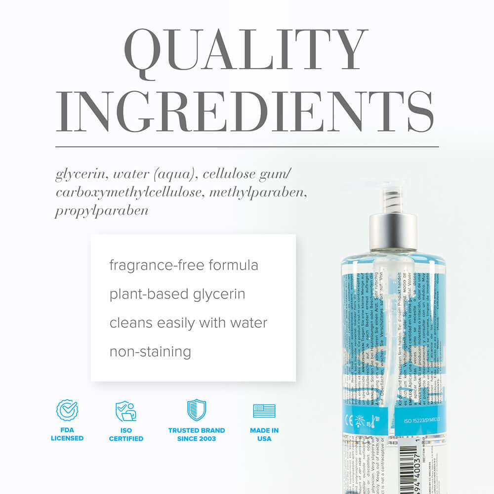 JO H2O Original Water Based Lubricant 16 Oz quality ingredients list including plant-based glycerin and non-staining formula.