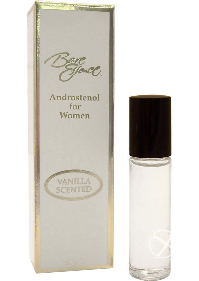 Bare Essence Cologne For Her Vanilla 10 mL in a sleek bottle with a black cap, highlighted by a stylish gold box.