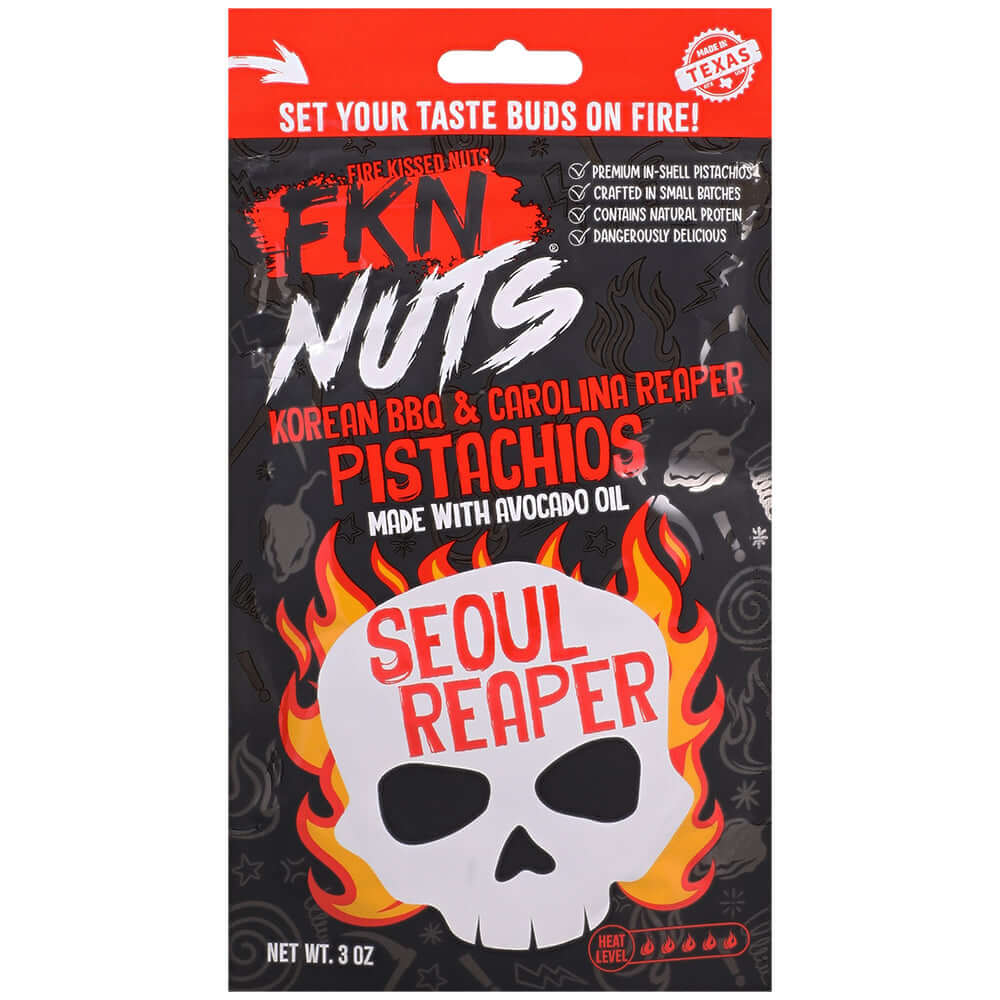 Fkn Nuts Korean BBQ Carolina Reaper Pistachios 3 Oz packaging featuring bold flavors and spooky design.
