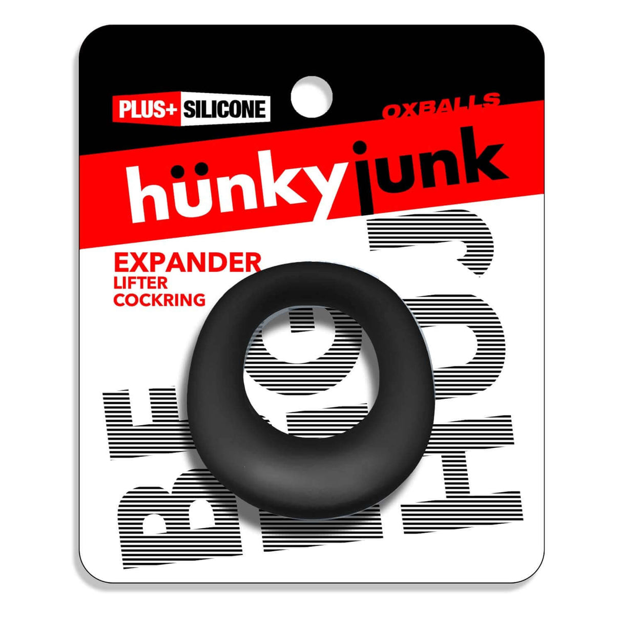 Oxballs Expander Slimmer Scoop Style Cockring Black Fog packaging with sleek design and smooth black silicone cockring.