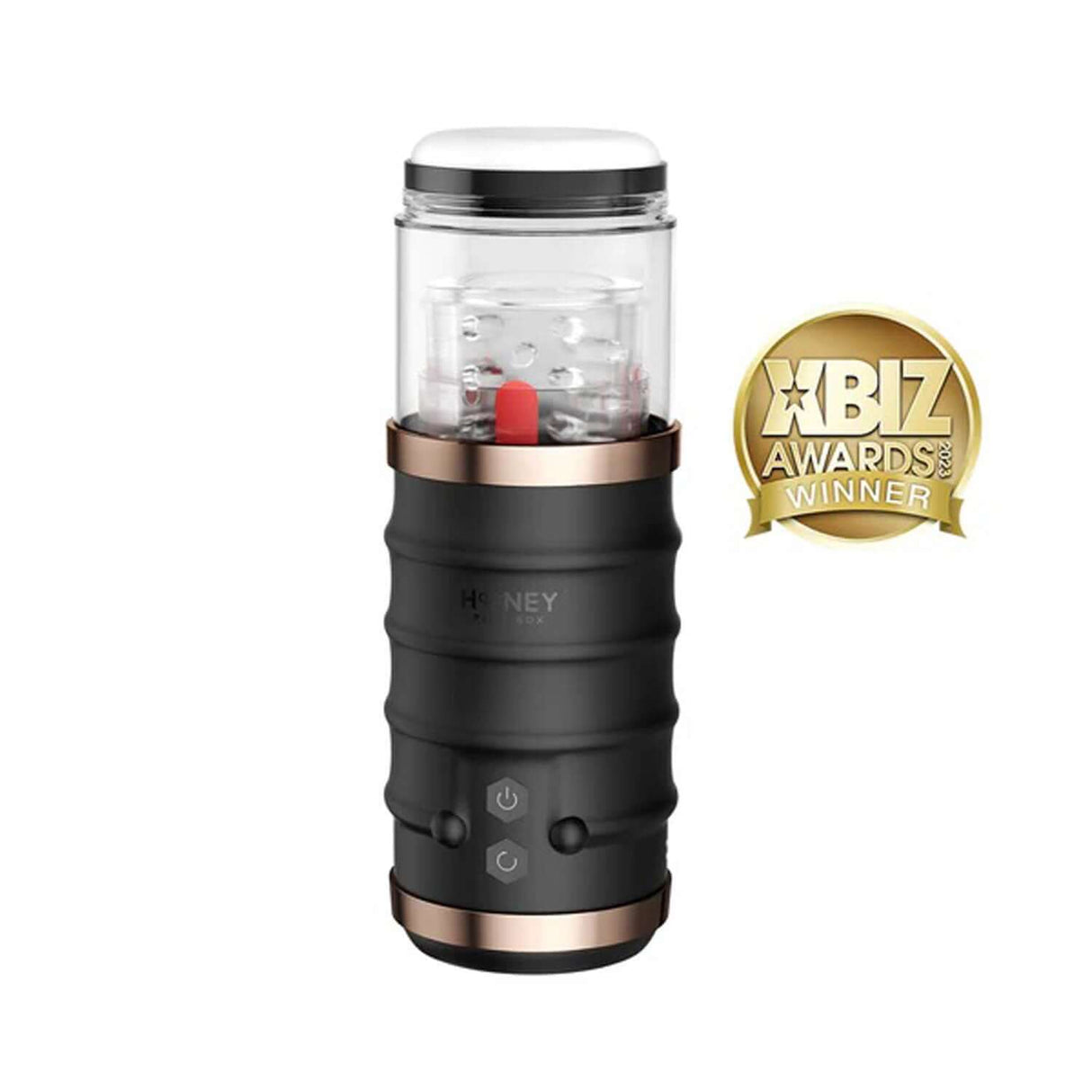 Honey Play Box Warrior Thrusting Male Masturbator with XBIZ Awards Winner badge for enhanced hands-free stimulation.