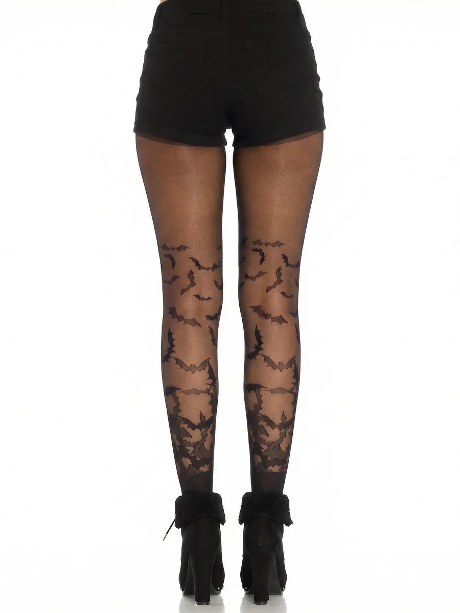 Leg Avenue Bat Wing Sheer Tights Black OS worn with shorts, showcasing bat patterns on sheer fabric, perfect for Halloween.