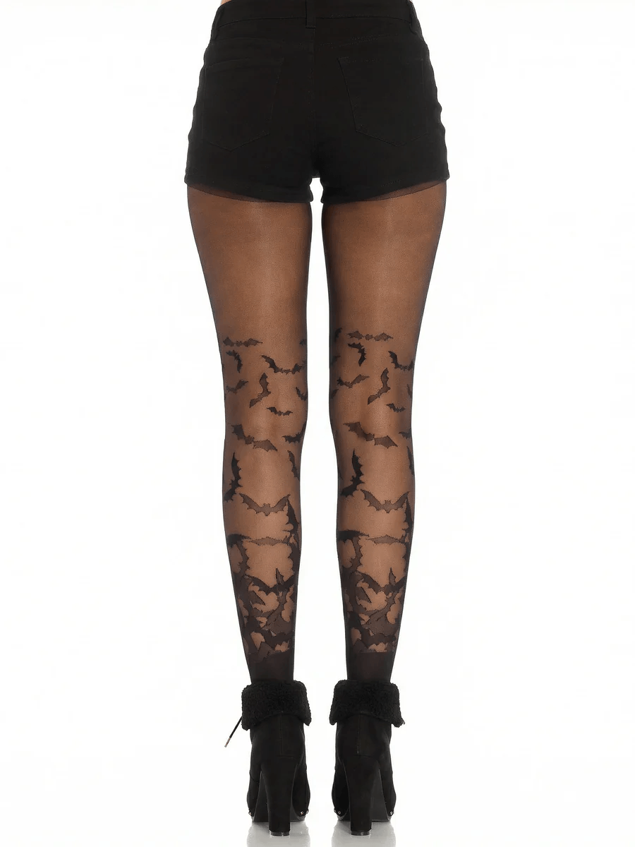 Leg Avenue Bat Wing Sheer Tights Black OS worn with shorts, showcasing bat patterns on sheer fabric, perfect for Halloween.